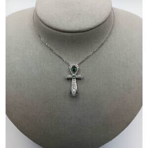 Sterling Silver Ankh Pendant w/ Moissanite & Emerald Green CZ NEW
